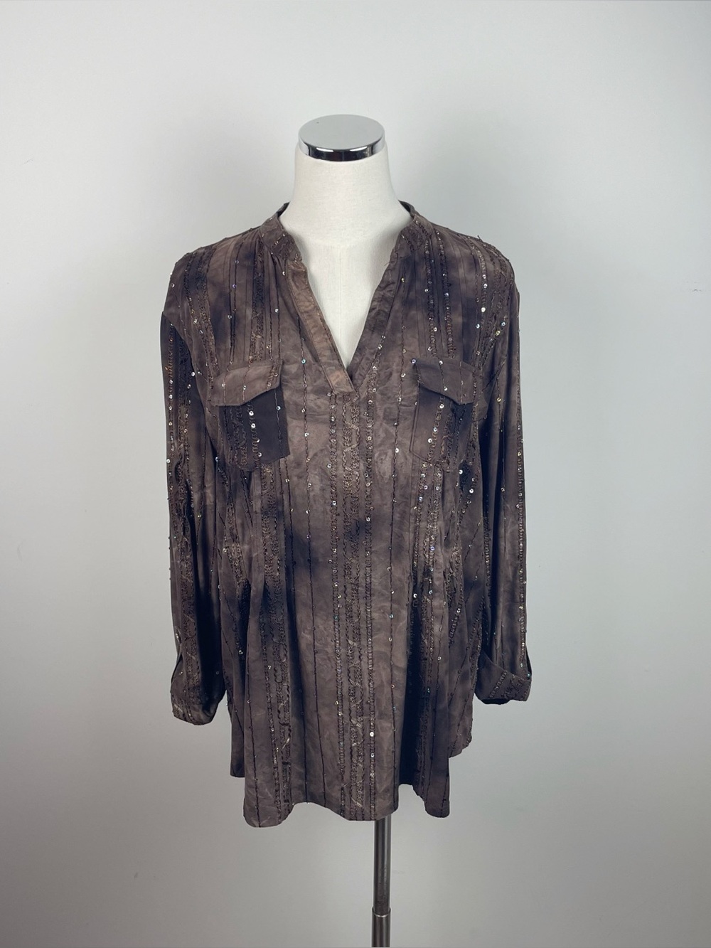 New Directions Brown Tie Dye Sequin Front Pocket Shirt Top Women XL Boho